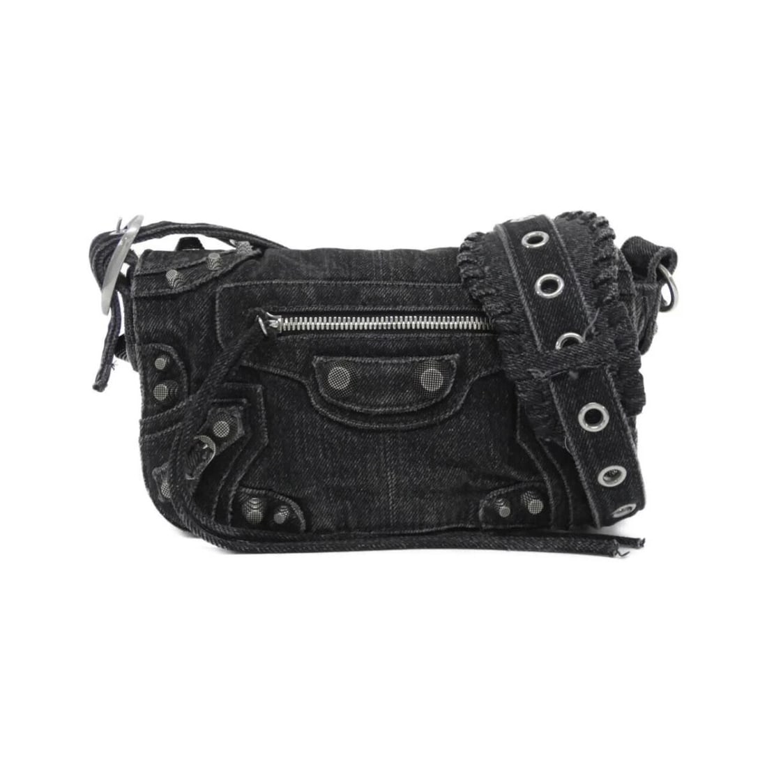BALENCIAGA STUDDED LEATHER SHOULDER CROSSBODY BAG: Balenciaga Studded Leather Shoulder Crossbody Bag Brand: Balenciaga Type/Style: Shoulder Bag Material: Denim Color: Black / Silver Size: Approximately 24cm (W) x 14cm (H) x 5cm (D) Accessories: No