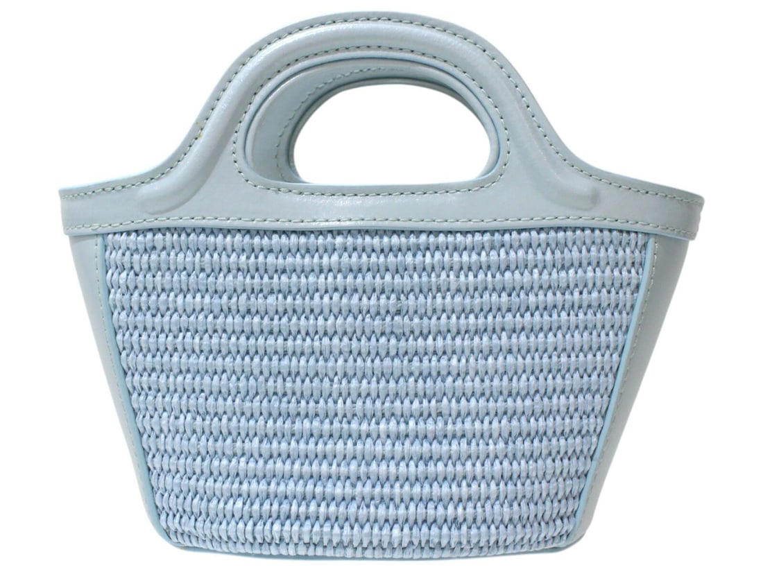 MARNI 2-WAY HANDBAG TROPICANA: MARNI 2-Way Handbag Tropicana Brand: MARNI Type/Style: 2-Way Handbag Material: Cotton / Nylon / Leather Color: Light Blue ? White Size: Height: 4.5 inches (11.5 cm) Width: 8.5 inches (21.5 cm) Depth: