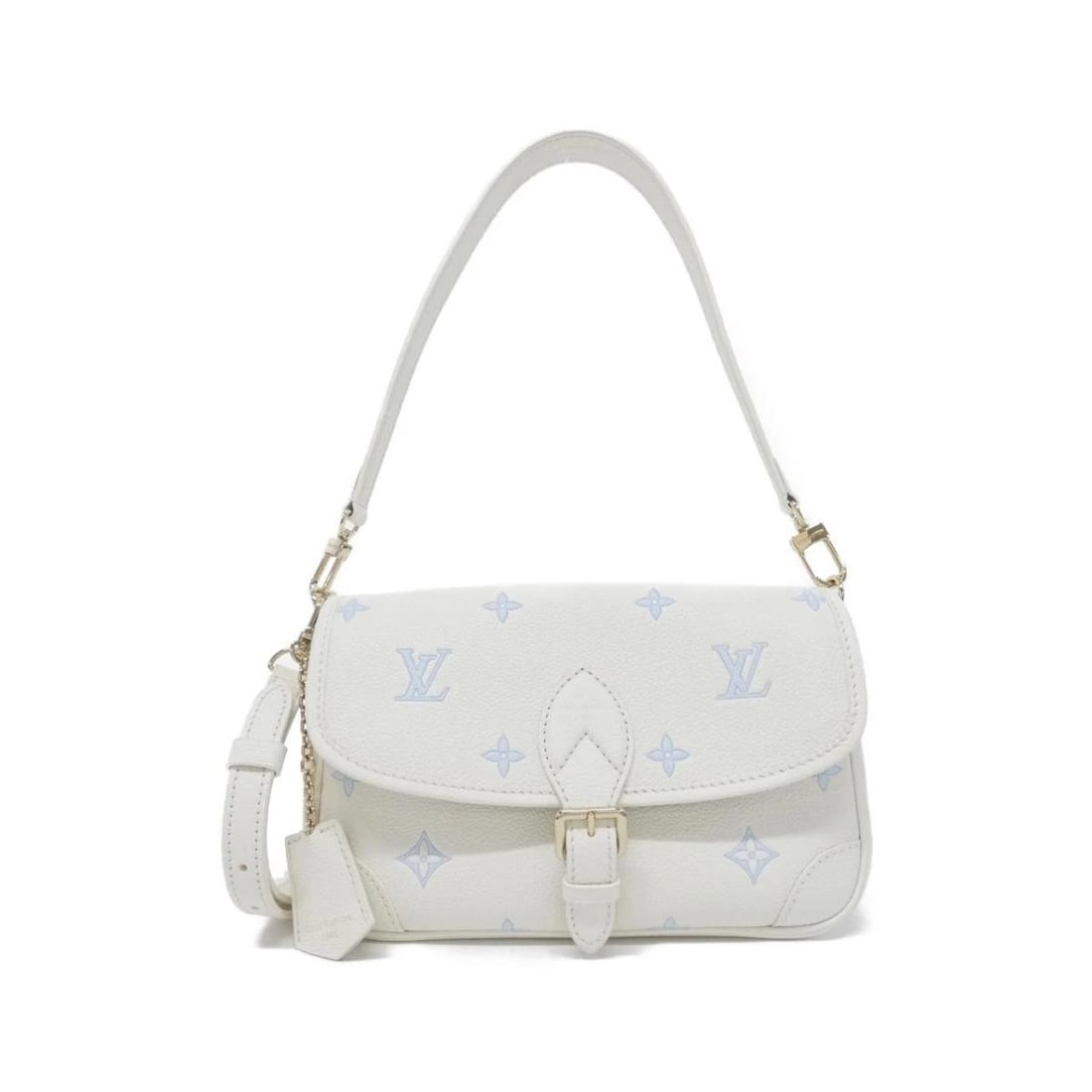 LOUIS VUITTON BICOLOR MONOGRAM EMPREINTE DIANE SHOULDER BAG: Louis Vuitton Bicolor Monogram Empreinte Diane Shoulder Bag Brand: Louis Vuitton Type/Style: Shoulder Bag Material: Calfskin Leather Color: Bicolor Milky White + Blue Size: Approximately 25cm (W) x 14
