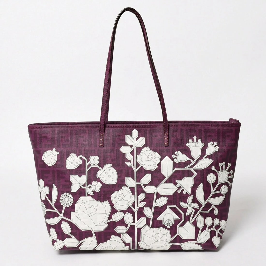 FENDI FLORAL ZUCCA FF MONOGRAM CANVAS TOTE BAG: Fendi Floral Zucca FF Monogram Canvas Tote Bag Brand: Fendi Type/Style: Tote Material: Canvas Color: Purple, White Size: W approx. 34.5cm x H 28cm x D 15cm Accessories: None Accessories No