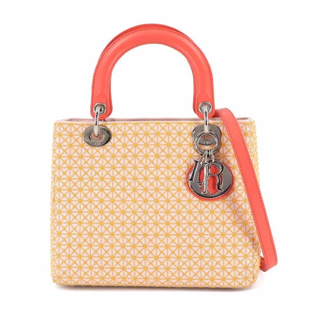 CHRISTIAN DIOR LADY DIOR MEDIUM 2WAY HANDBAG: Christian Dior Lady Dior Medium 2way Handbag Brand: Christian Dior Type/Style: Top Handle Bag Material: Leather Color: Pink ? Orange Size: Width: 9.6 inches Height: 7.7 inches Depth: 4.7 inches Ac