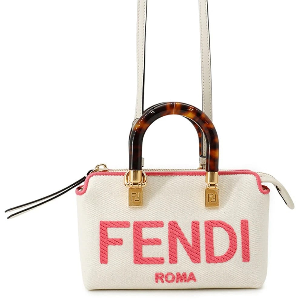 FENDI BY THE WAY MINI CANVAS LEATHER HANDBAG: FENDI By The Way Mini Canvas Leather Handbag Brand: Fendi Type/Style: Shoulder Bag Material: Canvas Color: White/Pink Size: W 7.5inch x H 4.3inch x D 3.9inch Accessories: None Accessories