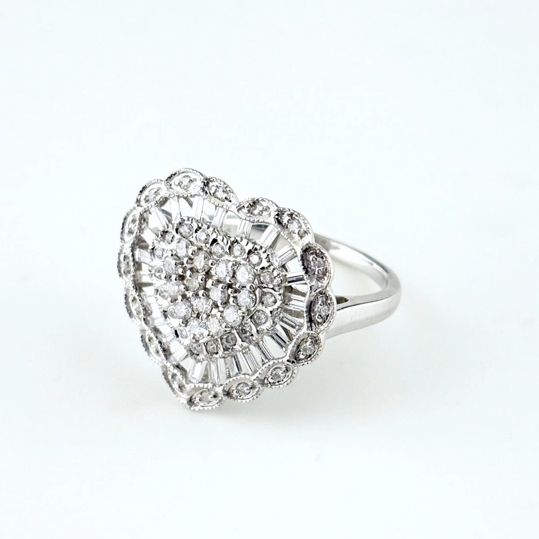 HEART MOTIF WG RING MELEE DIAMOND RING 18K: Heart Motif Wg Ring Melee Diamond Ring 18K Brand: Unbranded Type/Style: Ring Material: 18K WG, Main Stone Natural Color: WG Size: US6.5 Accessories: None Accessories Notice: When purchasin