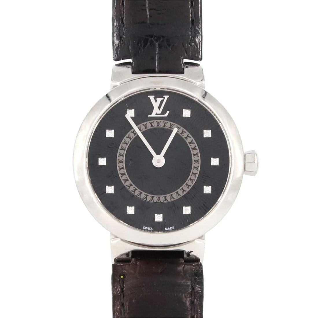 LOUIS VUITTON TAMBOUR SLIM BLACK WATCH: Louis Vuitton Tambour Slim Black Watch Brand: LOUIS VUITTON Type/Style: Wrist watch Material: Case: Stainless Steel Bracelet: Strap Color: Dial color: Black logo/diamonds Band color.. Size: Case