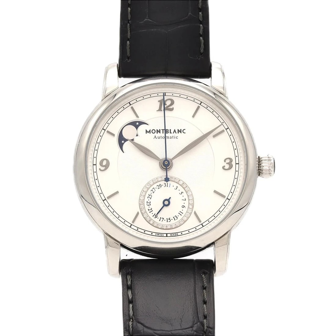 MONTBLANC STAR LEGACY MOONPHASE DATE WATCH: Montblanc Star Legacy Moonphase Date Watch Brand: MONTBLANC Type/Style: Wrist watch Material: Case: Stainless Steel Bracelet: Strap Color: Dial Color: Silver Band Color: Black Size: Case diameter: