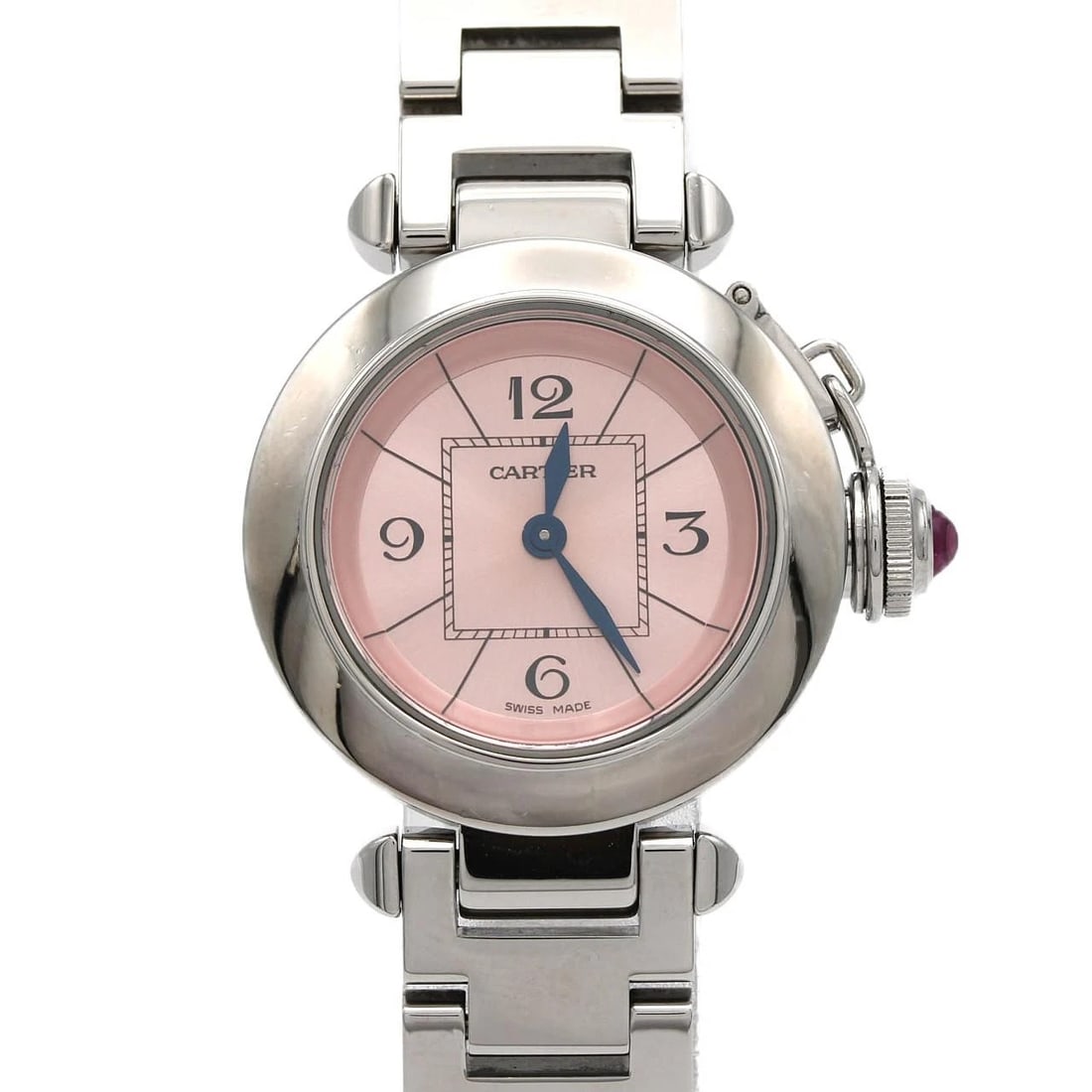 CARTIER MISS PASHA STAINLESS STEEL QUARTZ WATCH: Cartier Miss Pasha Stainless Steel Quartz Watch Brand: CARTIER Type/Style: Wrist watch Material: Case: Stainless Steel Breath: Stainless Steel Color: Dial color: Pink Size: Case diameter: Approx.
