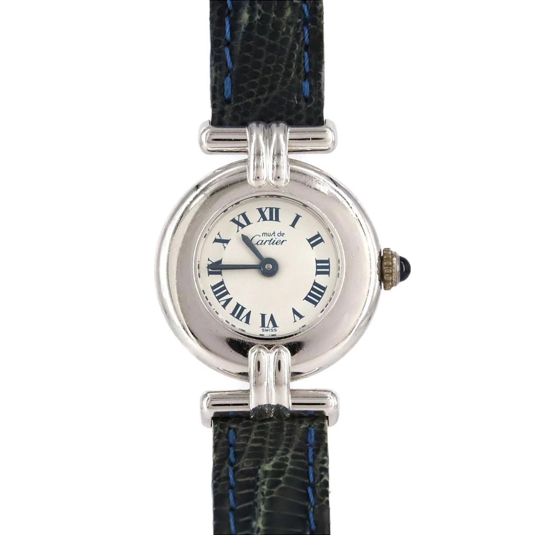 CARTIER MUST COLISEE SILVER WATCH: Cartier Must Colisee Silver Watch Brand: CARTIER Type/Style: Wrist watch Material: Case: Silver Bracelet: Strap Color: Dial Color: White/Roman Band Color: Blue Size: Case diameter: Approx. 24mm
