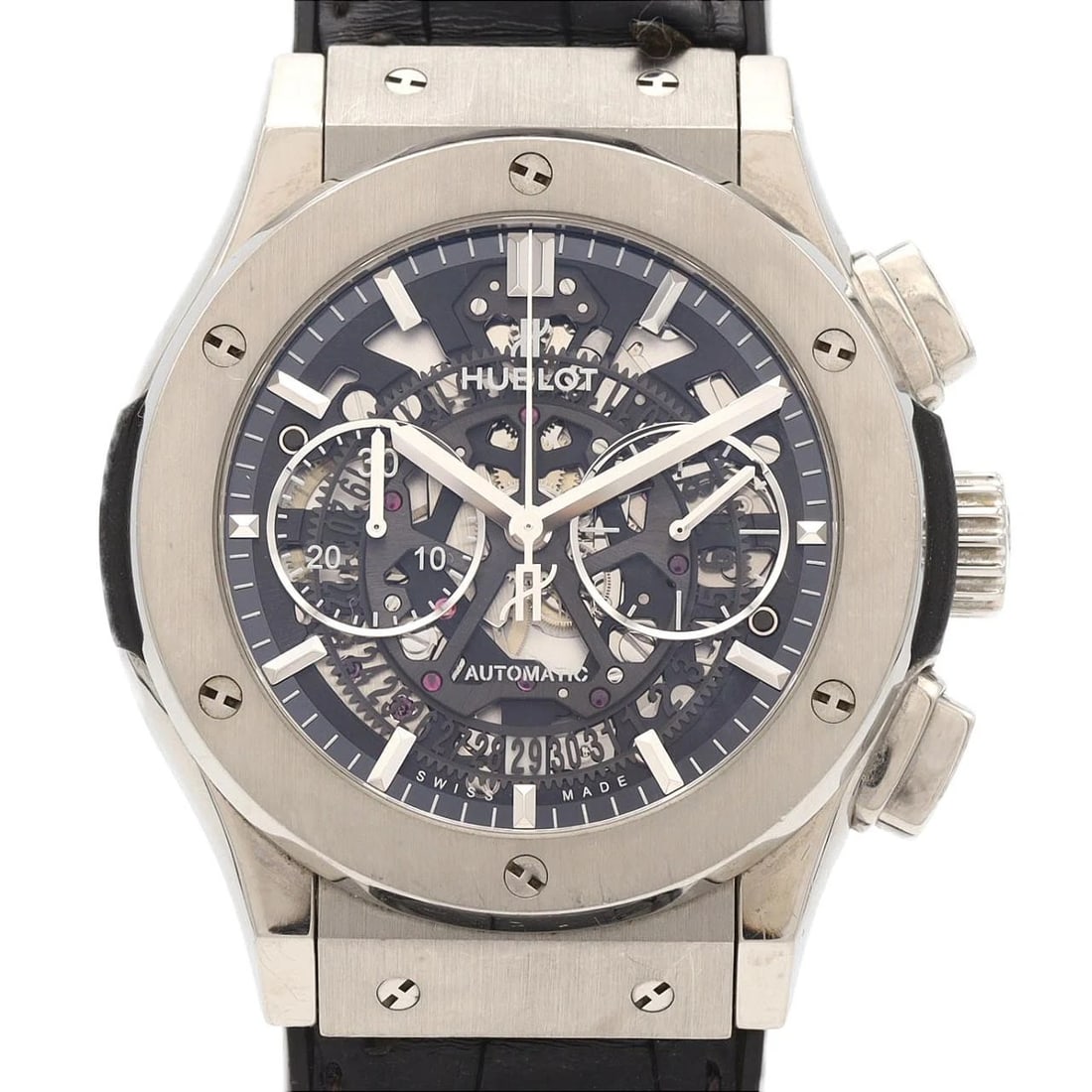 HUBLOT CLASSIC FUSION AEROFUSION CHRONO WATCH: Hublot Classic Fusion Aerofusion Chrono Watch Brand: HUBLOT Type/Style: Wrist watch Material: Case: Titanium Bracelet: Strap Color: Dial Color: Skeleton Band Color: Black Size: Case diameter: Approx.