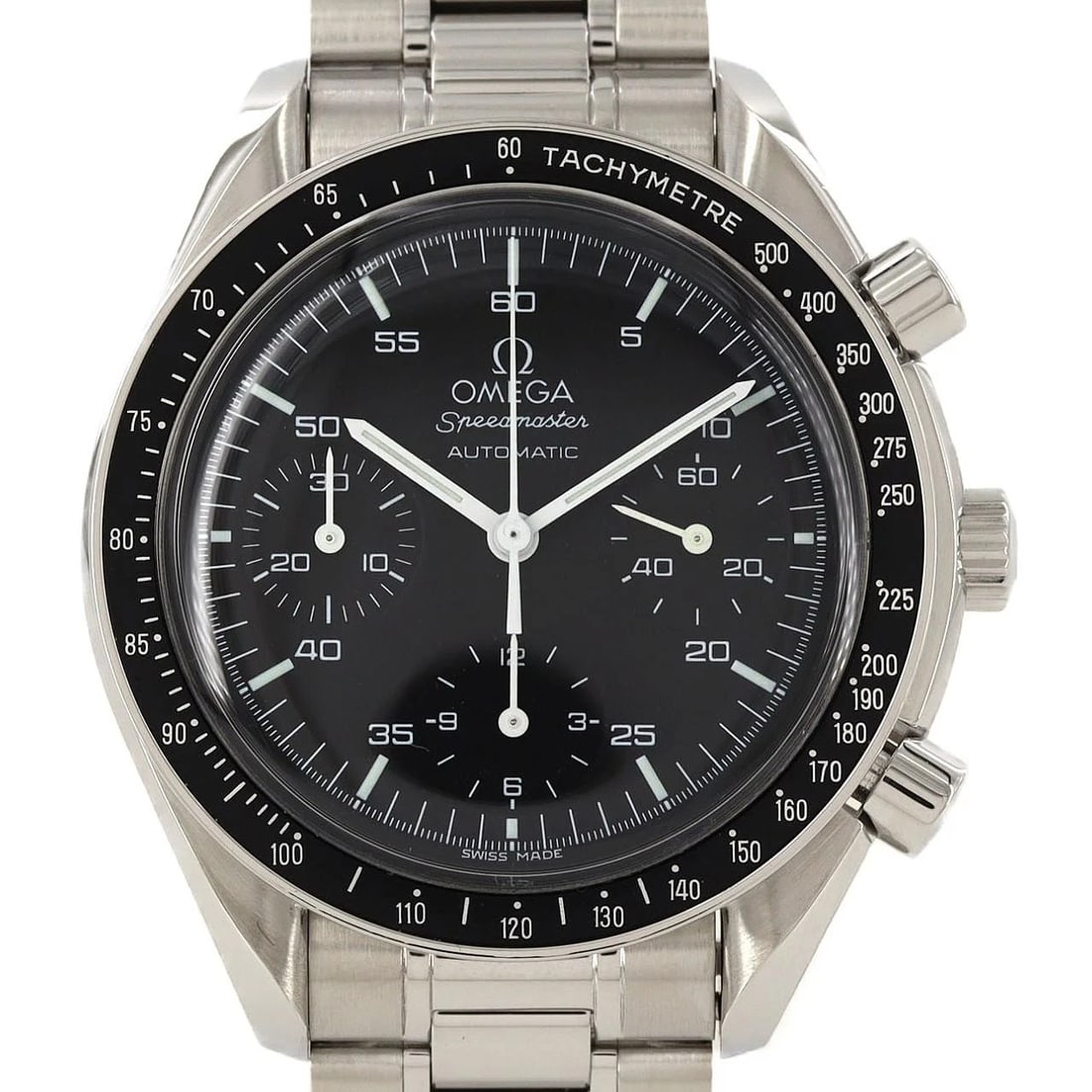 OMEGA SPEEDMASTER STAINLESS STEEL MECHANICAL AUTOMATIC WATCH: Omega Speedmaster Stainless Steel Mechanical Automatic Watch Brand: OMEGA Type/Style: Wrist watch Material: Case: Stainless Steel Breath: Stainless Steel Color: Dial Color: Black Size: Case diameter: