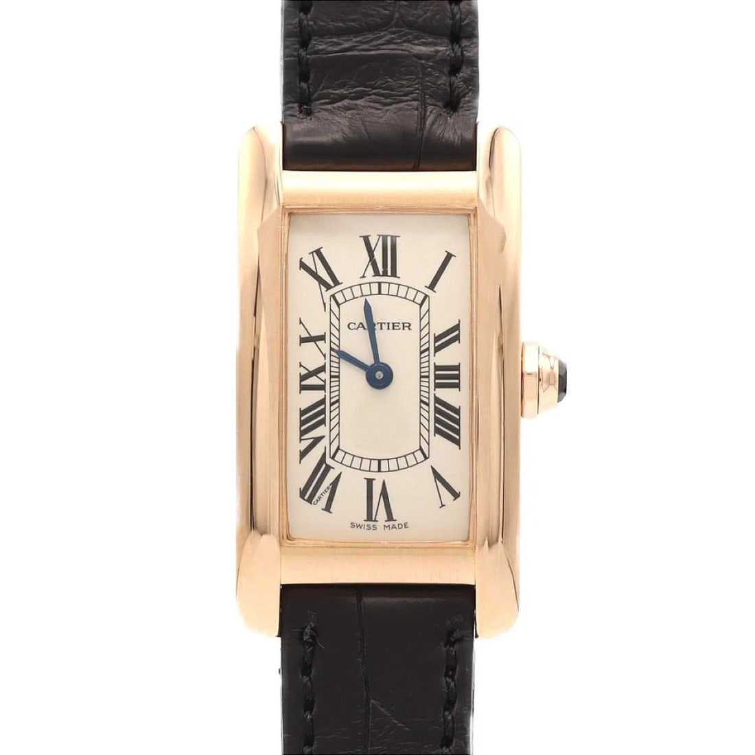 CARTIER TANK AMERICANSM PG/RG QUARTZ WATCH: Cartier Tank AmericanSM PG/RG Quartz Watch Brand: CARTIER Type/Style: Wrist watch Material: Case: Pink gold/rose gold Bracelet: Strap Color: Dial Color: Silver/Roman Band Color: Black Size: Case