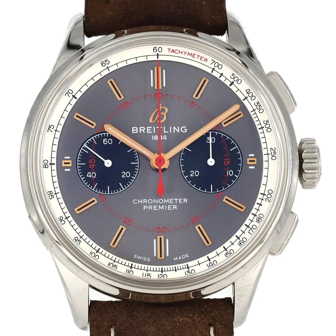 BREITLING PREMIER CHRONOGRAPH WATCH: Breitling Premier Chronograph Watch Brand: BREITLING Type/Style: Wrist watch Material: Case: Stainless Steel Bracelet: Strap Color: Dial color: Gray Band color: Brown Size: Case diameter: Approx. 42