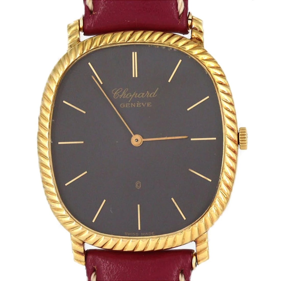 CHOPARD SQUARE CASE YG QUARTZ WATCH: Chopard Square Case YG Quartz Watch Brand: Chopard Type/Style: Wrist watch Material: Case: Yellow gold Bracelet: Strap Color: Dial color: Gray Band color: Pink Size: Case dimensions approximately: 30.