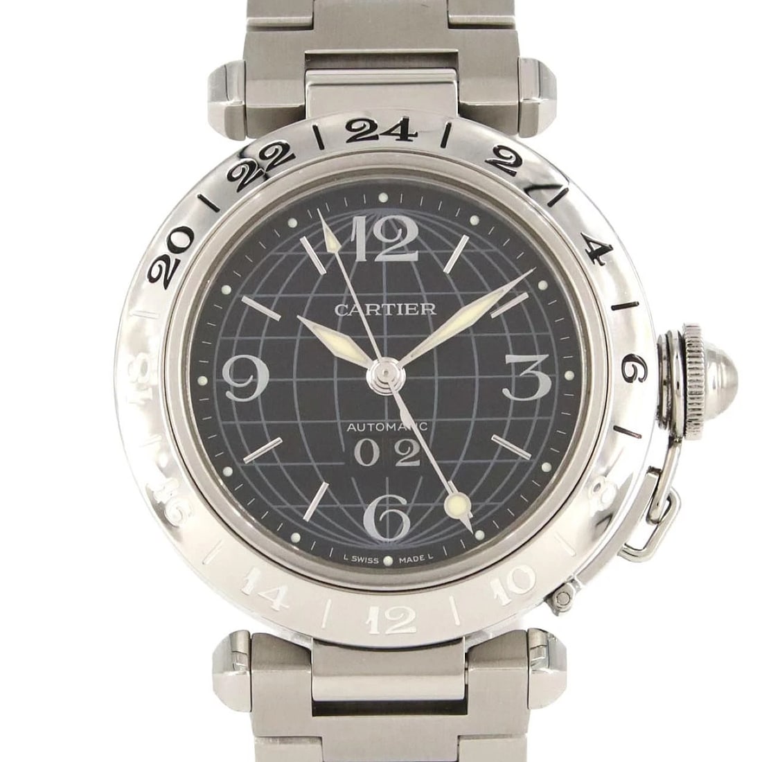 CARTIER PASHA C GMT GRANDE DATE STAINLESS STEEL MECHANICA WATCH: Cartier Pasha C GMT Grande Date Stainless Steel Mechanica Watch Brand: CARTIER Type/Style: Wrist watch Material: Case: Stainless Steel Breath: Stainless Steel Color: Dial Color: Black Size: Case diame