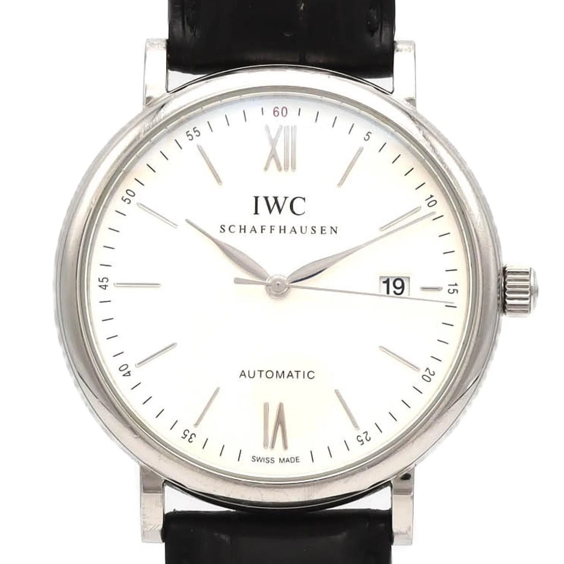 AUTHENTICIWC PORTOFINO STAINLESS STEEL M WATCH: AuthenticIWC Portofino Stainless Steel M Watch Brand: IWC Type/Style: Wrist watch Material: Case: Stainless Steel Bracelet: Strap Color: Dial Color: Silver Band Color: Black Size: Case diameter: