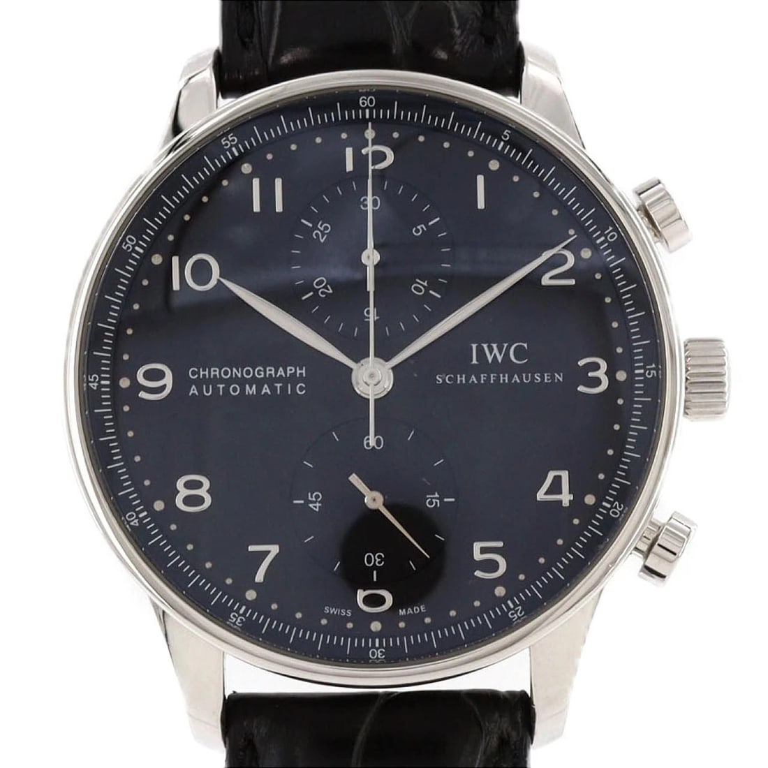 IWC PORTUGIESER CHRONOGRAPH STAINLESS STEEL MECHANICAL WATCH: IWC Portugieser Chronograph Stainless Steel Mechanical Watch Brand: IWC Type/Style: Wrist watch Material: Case: Stainless Steel Bracelet: Strap Color: Dial Color: Black/Arabic Band Color: Black Size:
