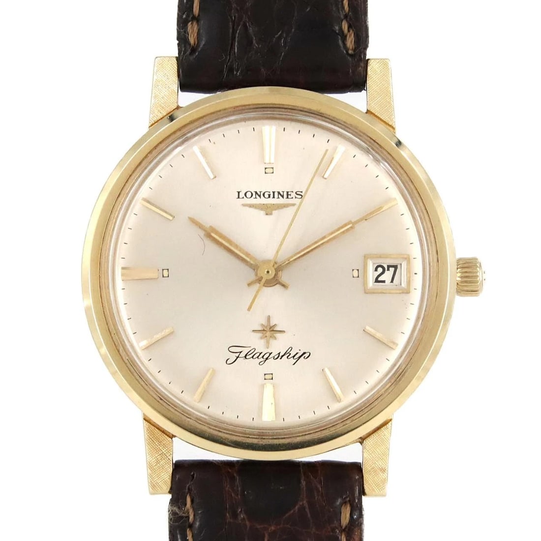 LONGINES FLAGSHIP YG MANUAL WINDING WATCH: Longines Flagship YG Manual Winding Watch Brand: LONGINES Type/Style: Wrist watch Material: Case: Yellow gold Bracelet: Strap Color: Dial Color: Silver Band Color: Brown Size: Case diameter: Approx. 3
