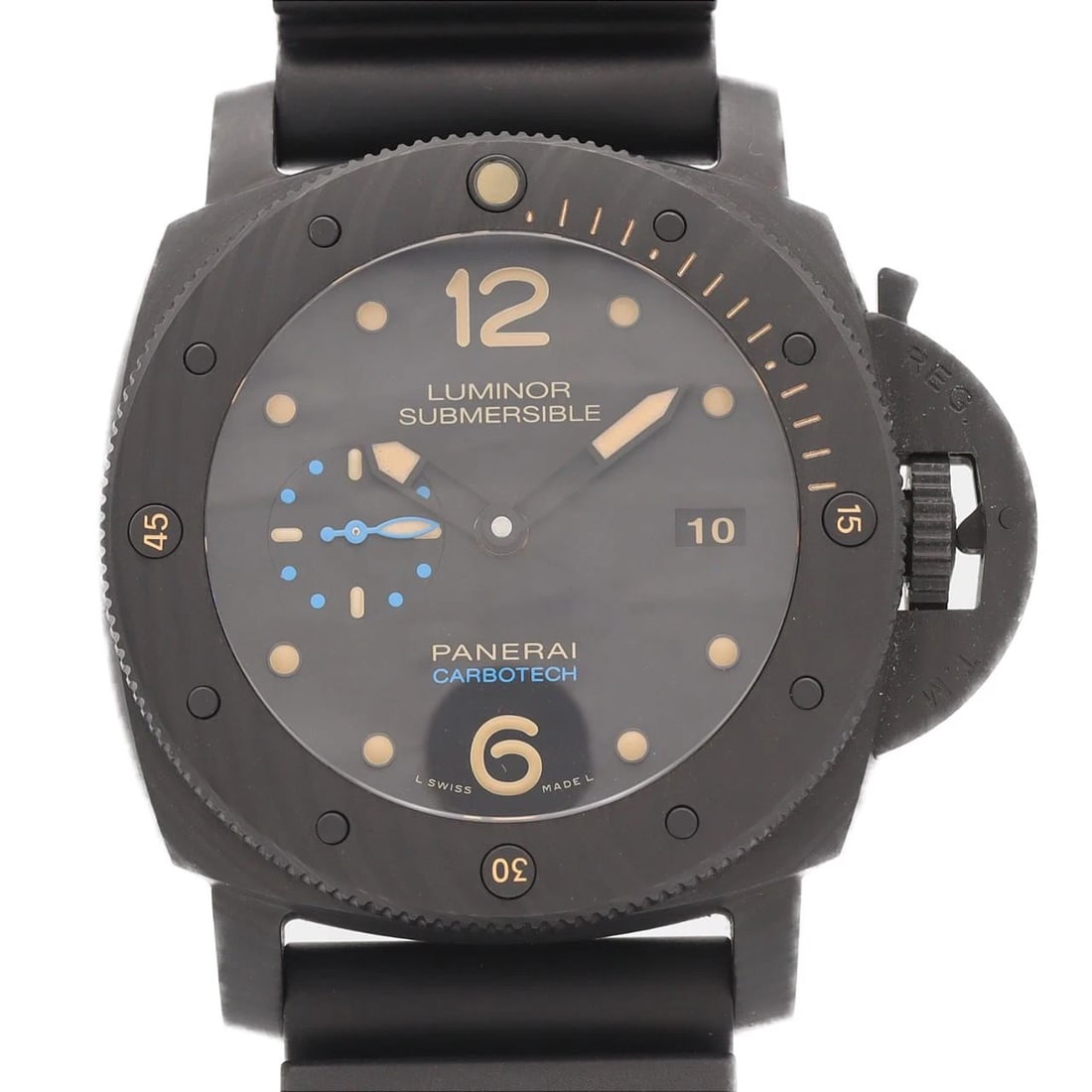PANERAI SUBMERSIBLE CARBOTECH WATCH: Panerai Submersible Carbotech Watch Brand: PANERAI Type/Style: Wrist watch Material: Case: Other Bracelet: Rubber Color: Dial Color: Black Band Color: Black Size: Case diameter: Approx. 47mm Acces