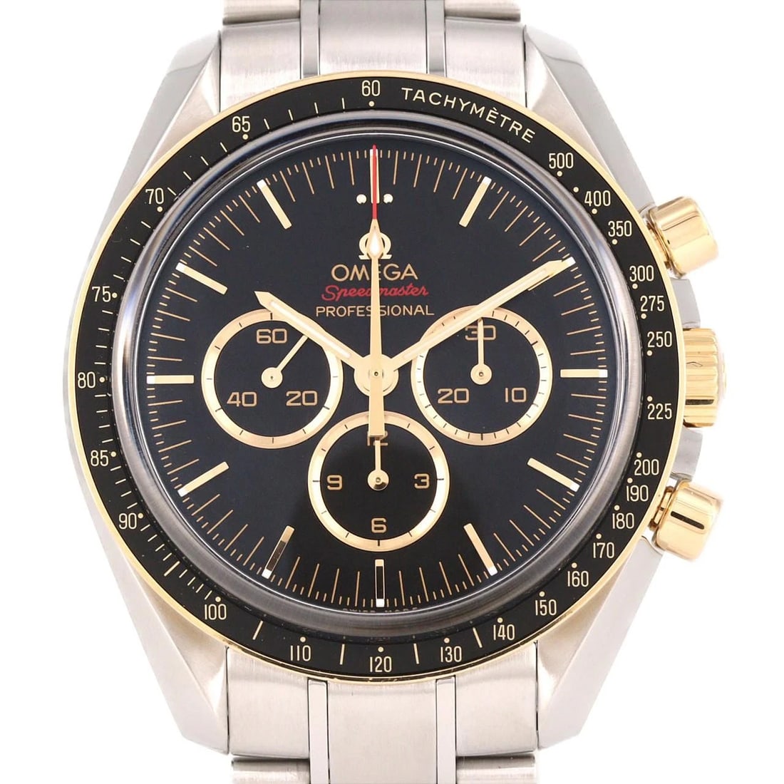 OMEGA SPEEDMASTER TWO-TONE WATCH: Omega Speedmaster Two-Tone Watch Brand: OMEGA Type/Style: Wrist watch Material: Case: Stainless steel x yellow gold Bracelet: Stainless steel Color: Dial Color: Black Size: Case diameter: Approx. 42 m