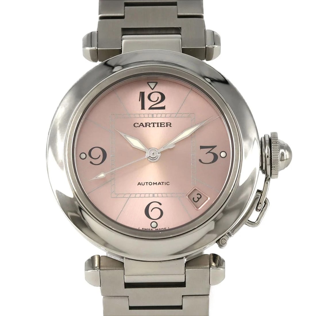 CARTIER PASHA STAINLESS STEEL MECHANICAL AUTOMATIC WATCH: Cartier Pasha Stainless Steel Mechanical Automatic Watch Brand: CARTIER Type/Style: Wrist watch Material: Case: Stainless Steel Breath: Stainless Steel Color: Dial color: Pink Size: Case diameter: