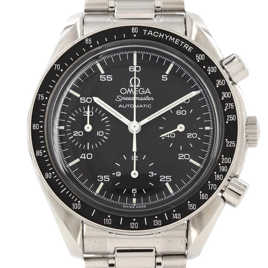 OMEGA SPEEDMASTER STAINLESS STEEL MECHANICAL AUTOMATIC WATCH: Omega Speedmaster Stainless Steel Mechanical Automatic Watch Brand: OMEGA Type/Style: Wrist watch Material: Case: Stainless Steel Breath: Stainless Steel Color: Dial Color: Black Size: Case diameter: