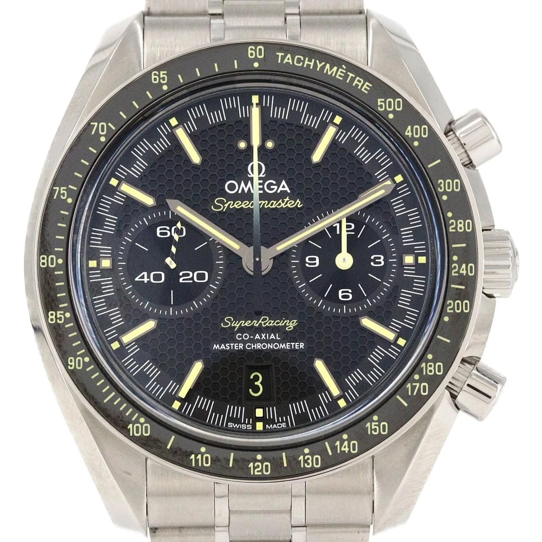 OMEGA SPEEDMASTER SUPER RACING STAINLESS STEEL WATCH: Omega Speedmaster Super Racing Stainless Steel Watch Brand: OMEGA Type/Style: Wrist watch Material: Case: Stainless Steel Breath: Stainless Steel Color: Dial Color: Black Size: Case diameter approx.: 