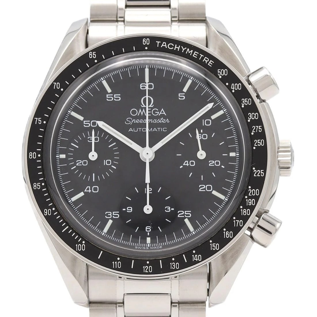OMEGA SPEEDMASTER STAINLESS STEEL MECHANICAL AUTOMATIC WATCH: Omega Speedmaster Stainless Steel Mechanical Automatic Watch Brand: OMEGA Type/Style: Wrist watch Material: Case: Stainless Steel Breath: Stainless Steel Color: Dial Color: Black Size: Case diameter: