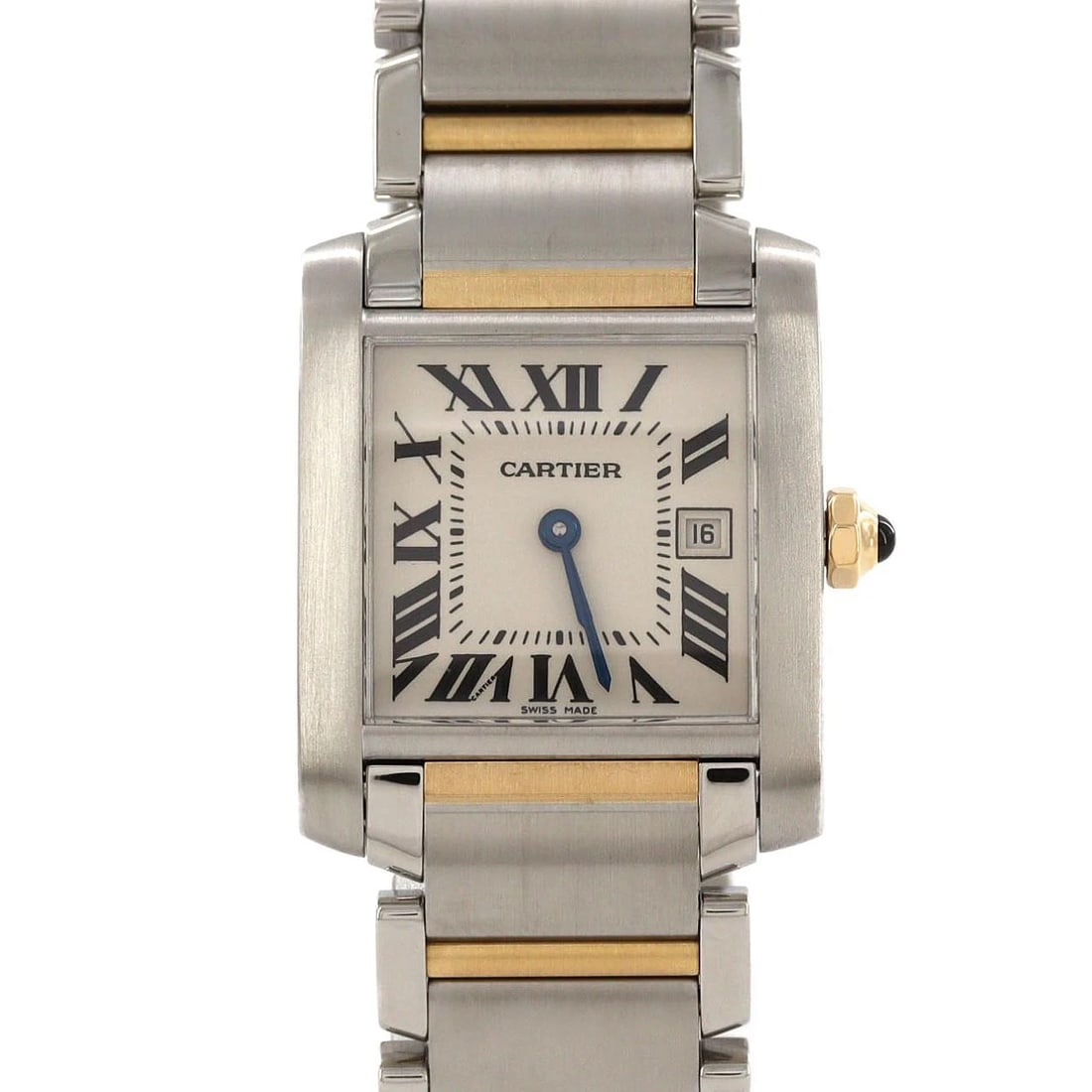 CARTIER TANK FRANCAISE MM DATE TWO-TONE STAINLESS STEEL WATCH: Cartier Tank Francaise MM Date Two-tone Stainless Steel Watch Brand: CARTIER Type/Style: Wrist watch Material: Case: Stainless steel x yellow gold Bracelet: Stainless steel x yellow gold Color: Dial c