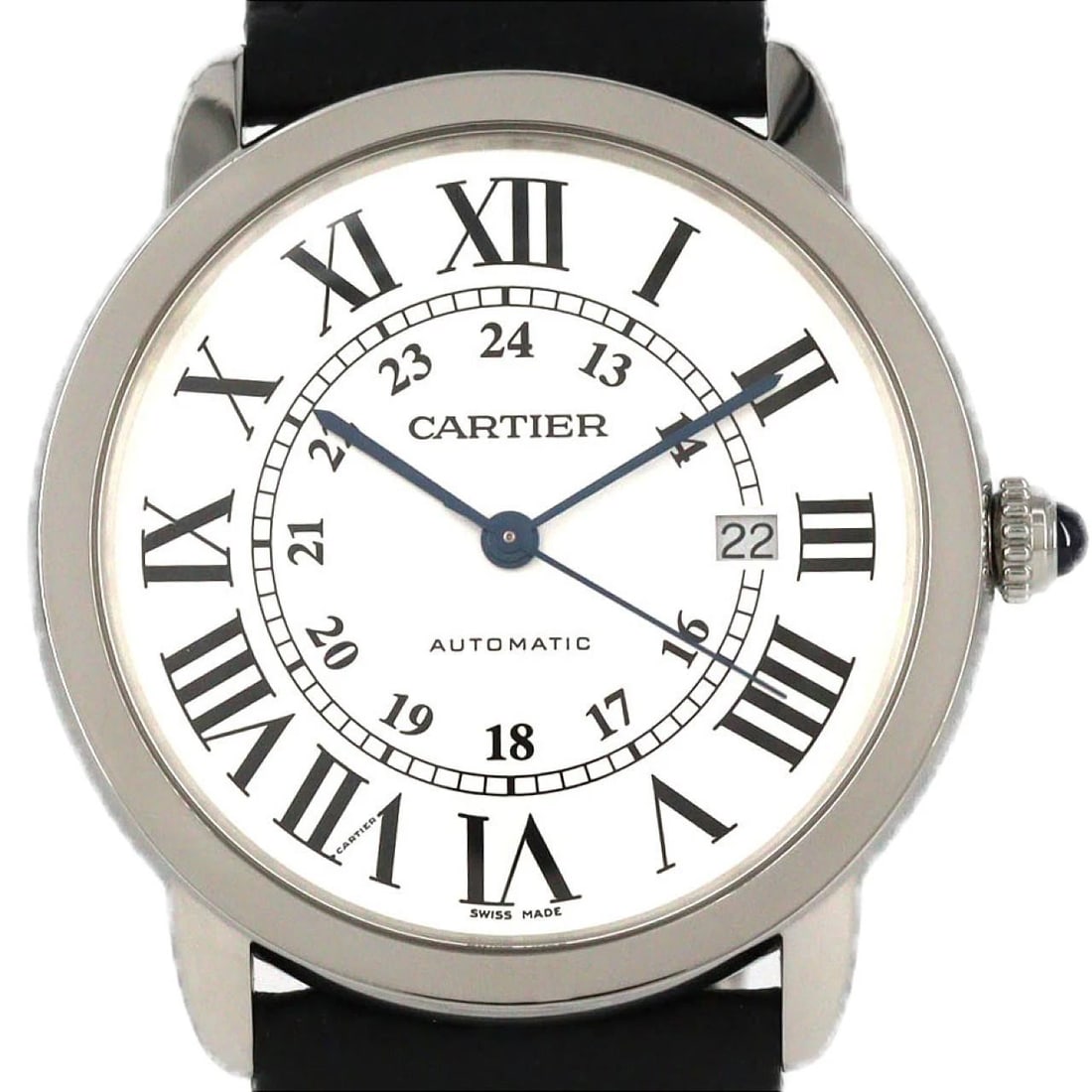 CARTIER RONDE SOLO STAINLESS STEEL MECHANICAL AUTOMATIC WATCH: Cartier Ronde Solo Stainless Steel Mechanical Automatic Watch Brand: CARTIER Type/Style: Wrist watch Material: Case: Stainless Steel Bracelet: Strap Color: Dial Color: Silver/Roman Band Color: Black S