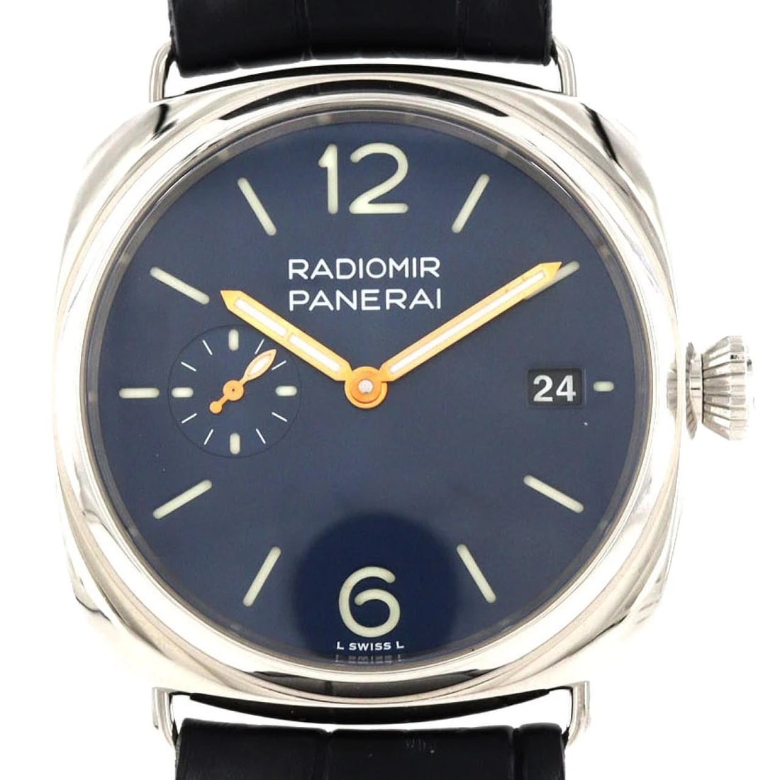 PANERAI RADIOMIR QUARANTA WATCH: Panerai Radiomir Quaranta Watch Brand: PANERAI Type/Style: Wrist watch Material: Case: Stainless Steel Bracelet: Strap Color: Dial Color: Blue Band Color: Black Size: Case diameter: Approx. 40mm A