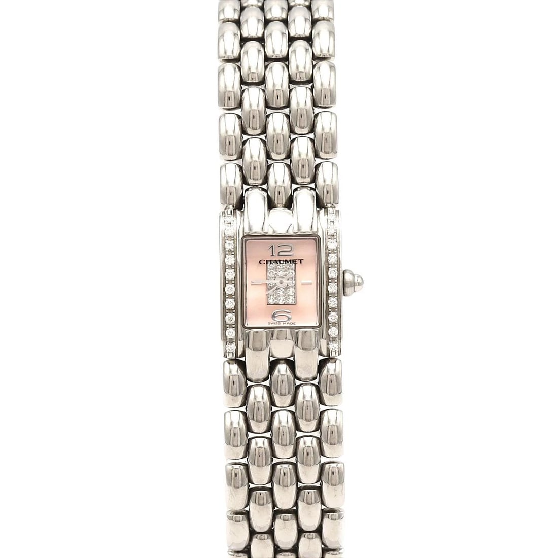 CHAUMET KESIS/D CENTER PAVE WATCH: Chaumet Kesis/D Center Pave Watch Brand: Chaumet Type/Style: Wrist watch Material: Case: Stainless Steel Breath: Stainless Steel Color: Dial color: Pink Size: Case diameter approx.: 17.5 x 21 mm mm Ma