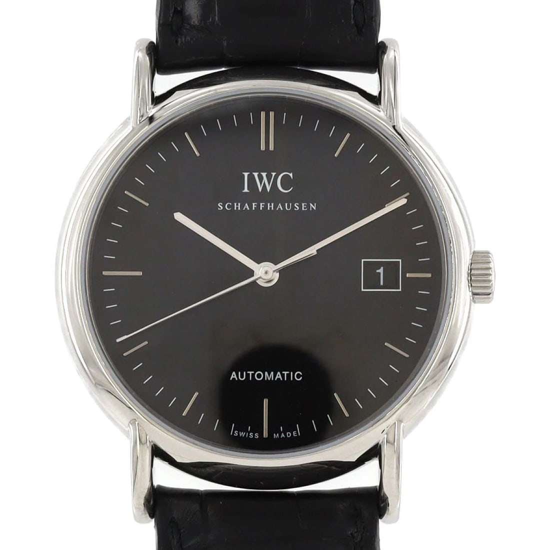 IWC PORTOFINO STAINLESS STEEL MECHANICAL AUTOMATIC WATCH: IWC Portofino Stainless Steel Mechanical Automatic Watch Brand: IWC Type/Style: Wrist watch Material: Case: Stainless Steel Bracelet: Strap Color: Dial Color: Black Band Color: Black Size: Case diamet