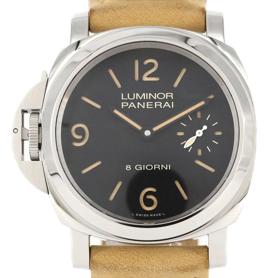 PANERAI LUMINOR DESTRO OTTO GIORNI STAINLESS STEEL MANUAL WATCH: Panerai Luminor Destro Otto Giorni Stainless Steel Manual Watch Brand: PANERAI Type/Style: Wrist watch Material: Case: Stainless Steel Bracelet: Strap Color: Dial color: Black Band color: Beige Size: 