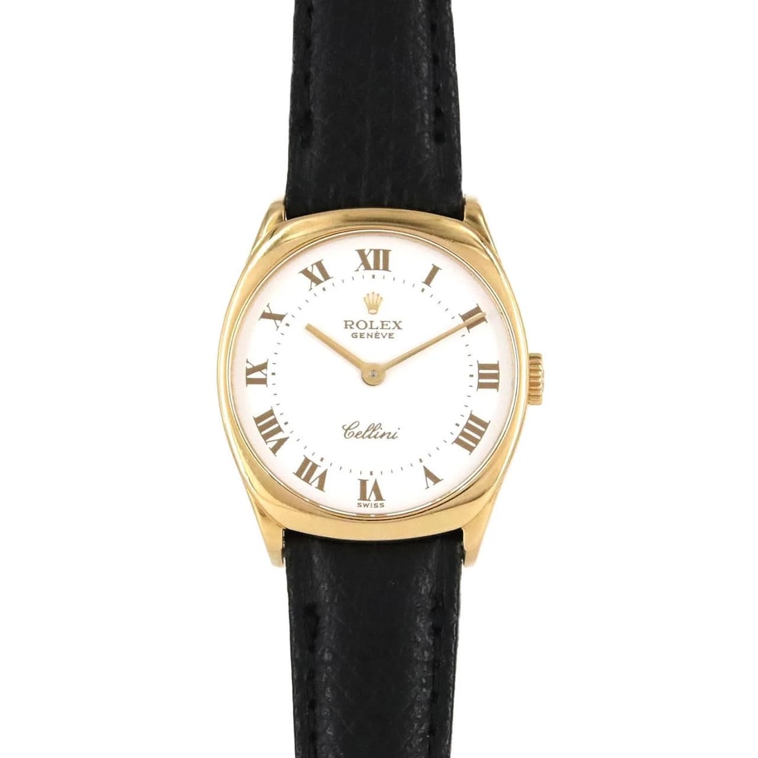 ROLEX CELLINI YG MANUAL WINDI WATCH: Rolex Cellini YG Manual Windi Watch Brand: ROLEx Type/Style: Wrist watch Material: Case: Yellow gold Bracelet: Strap Color: Dial Color: White/Roman Band Color: Black Size: Case diameter: Approx.
