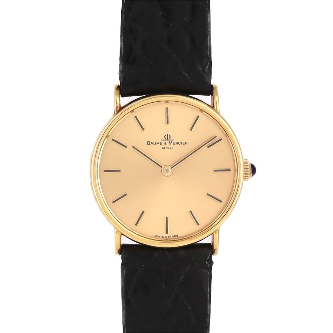 BAUME & MERCIER YG HAND-WOUND WATCH: Baume & Mercier YG Hand-wound Watch Brand: Baume & Mercier Type/Style: Wrist watch Material: Case: Yellow gold Bracelet: Strap Color: Dial color: Gold Band color: Brown Size: Case diameter: Approx.