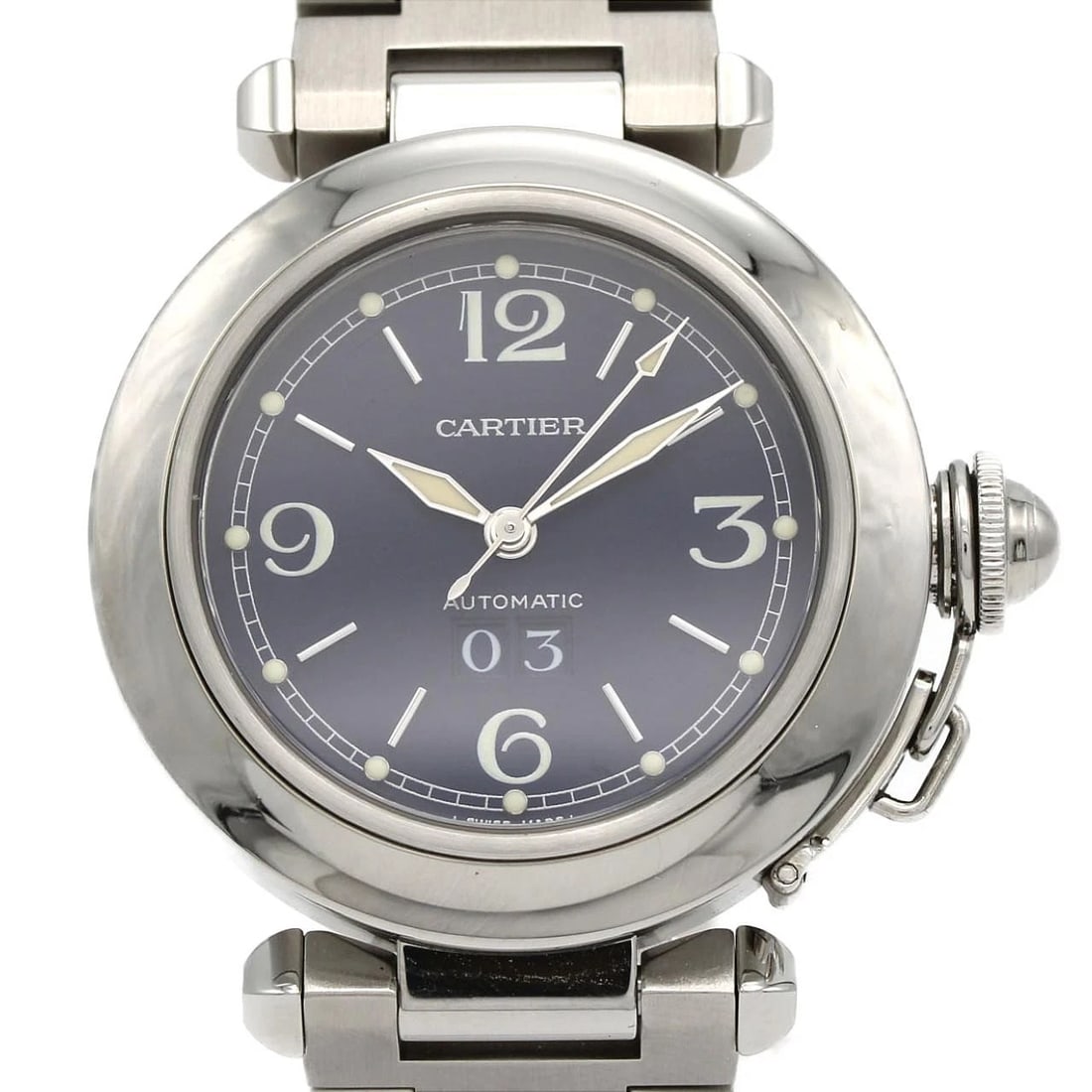 CARTIER PASHA GRANDE DATE STAINLESS STEEL MECHANICAL WATCH: Cartier Pasha Grande Date Stainless Steel Mechanical Watch Brand: CARTIER Type/Style: Wrist watch Material: Case: Stainless Steel Breath: Stainless Steel Color: Dial color: Blue Size: Case diameter: