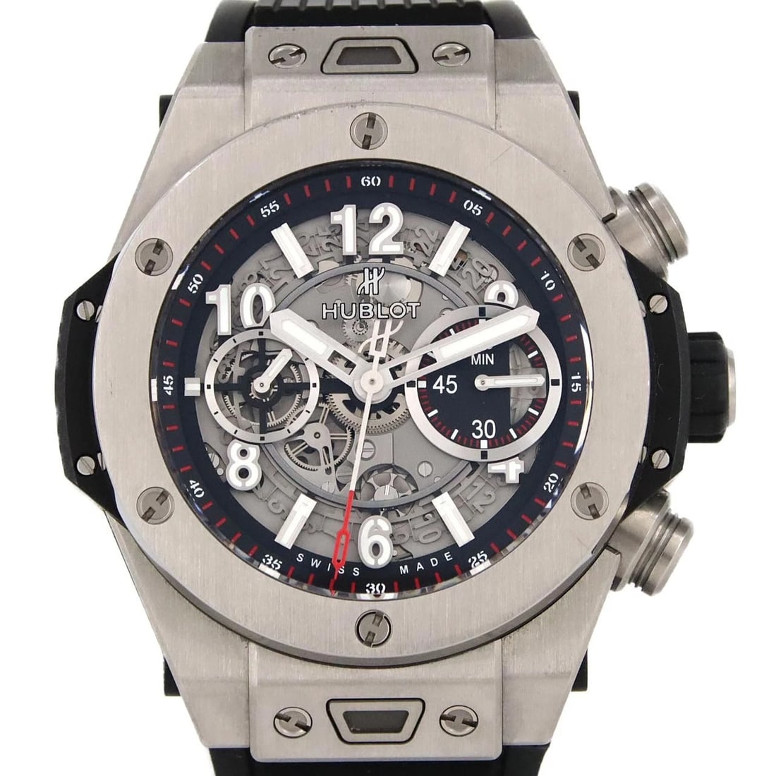 HUBLOT BIG BANG UNICO TITANIUM WATCH: Hublot Big Bang Unico Titanium Watch Brand: HUBLOT Type/Style: Wrist watch Material: Case: Titanium Bracelet: Rubber Color: Dial Color: Skeleton Band Color: Black Size: Case diameter: Approx. 45mm