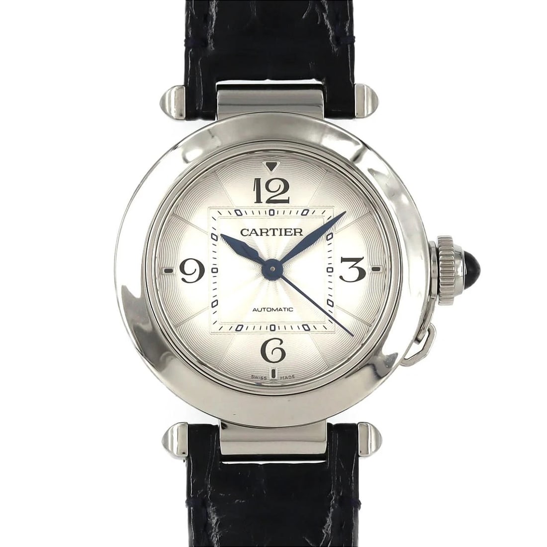 CARTIER PASHA DE CARTIER STAINLESS STEEL MECHANICAL AUTOM WATCH: Cartier Pasha de Cartier Stainless Steel Mechanical Autom Watch Brand: CARTIER Type/Style: Wrist watch Material: Case: Stainless Steel Bracelet: Strap Color: Dial Color: Silver Band Color: Blue Size: 