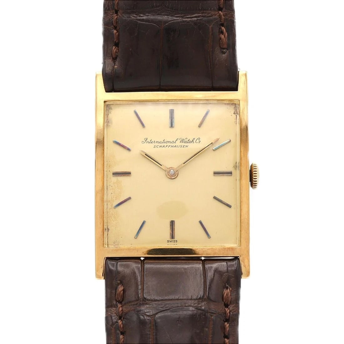 IWC YG MANUAL WINDING WAT WATCH: IWC YG Manual Winding Wat Watch Brand: IWC Type/Style: Wrist watch Material: Case: Yellow gold Bracelet: Strap Color: Dial color: Gold Band color: Brown Size: Case diameter approximately: 25.5 x 35