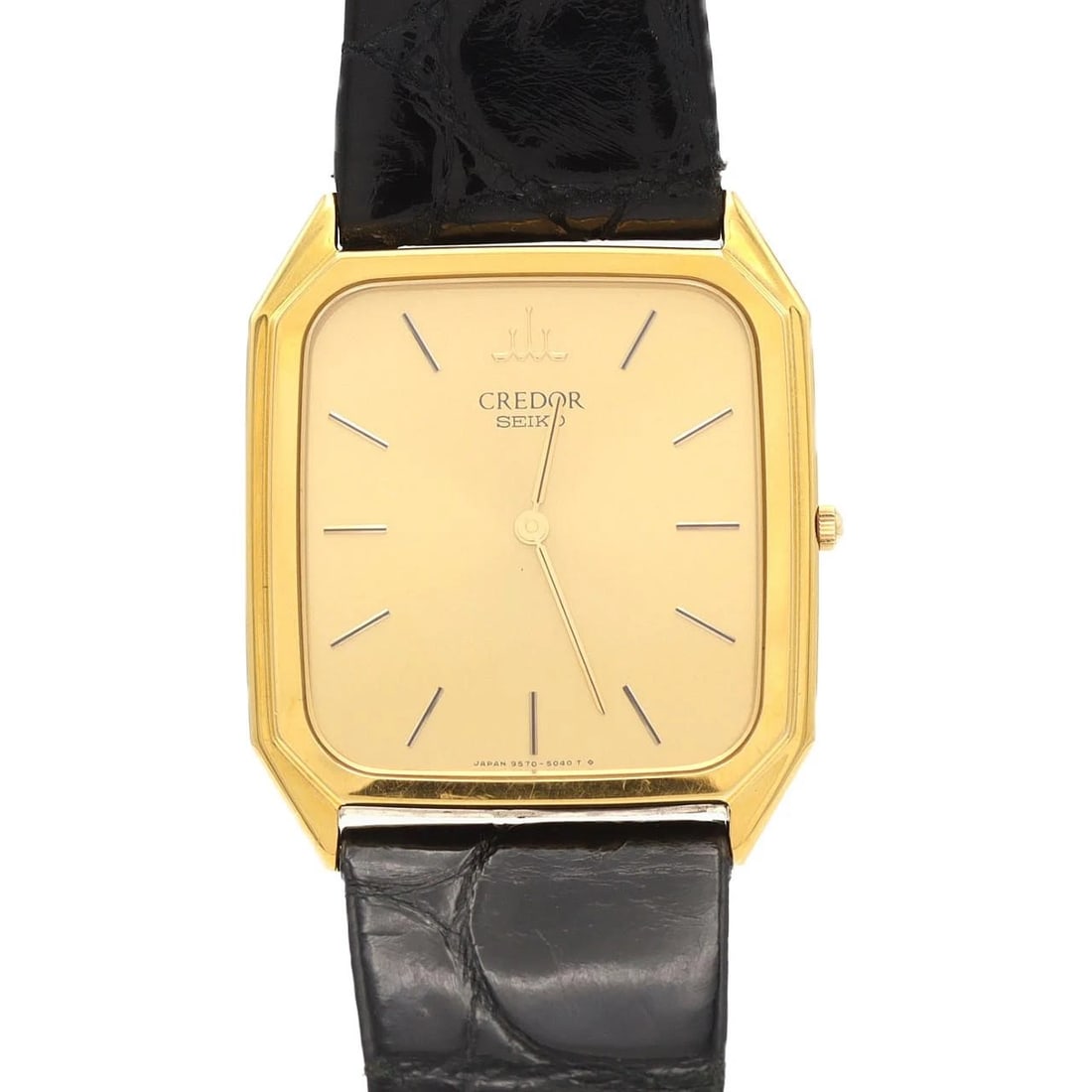 SEIKO CREDOR YG QUARTZ WATCH: Seiko CREDOR YG Quartz Watch Brand: SEIKO Type/Style: Wrist watch Material: Case: Yellow gold Bracelet: Strap Color: Dial Color: Gold Band Color: Black Size: Case dimensions: approximately 30 x 35.5 m