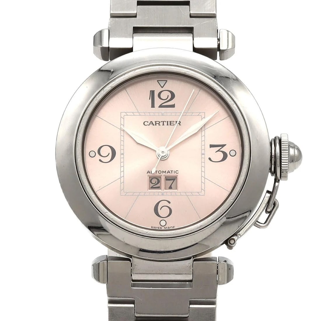 CARTIER PASHA C GRANDE DATE WATCH: Cartier Pasha C Grande Date Watch Brand: CARTIER Type/Style: Wrist watch Material: Case: Stainless Steel Breath: Stainless Steel Color: Dial color: Pink Size: Case diameter: Approx. 35 mm Max wrist ci