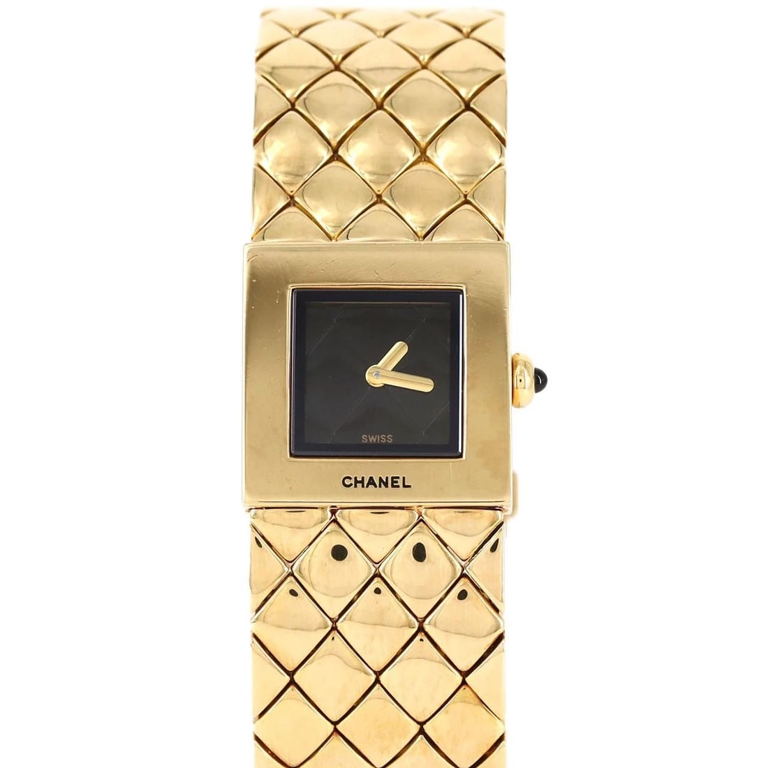 CHANEL MATELASSE YG QUARTZ WATCH: Chanel Matelasse YG Quartz Watch Brand: CHANEL Type/Style: Wrist watch Material: Case: Yellow gold Bracelet: Yellow gold Color: Dial Color: Black Size: Case diameter: Approx. 19mm Max wrist