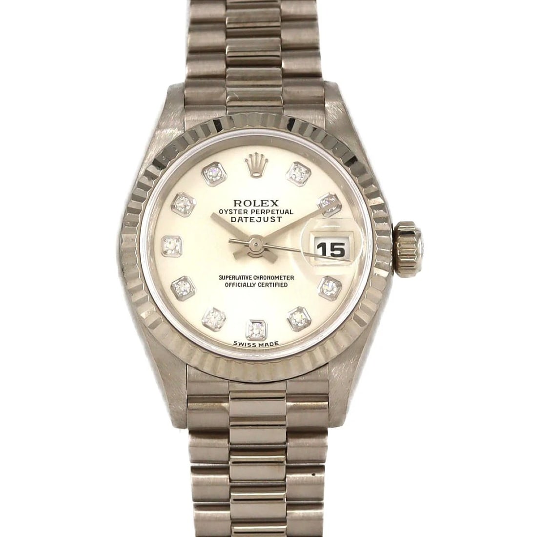 ROLEX DATEJUST WG MECHANICAL AUTOMATIC WATCH: Rolex Datejust WG Mechanical Automatic Watch Brand: ROLEx Type/Style: Wrist watch Material: Case: White gold Bracelet: White gold Color: Dial color: Silver/Diamond Size: Case diameter: Approx. 26mm