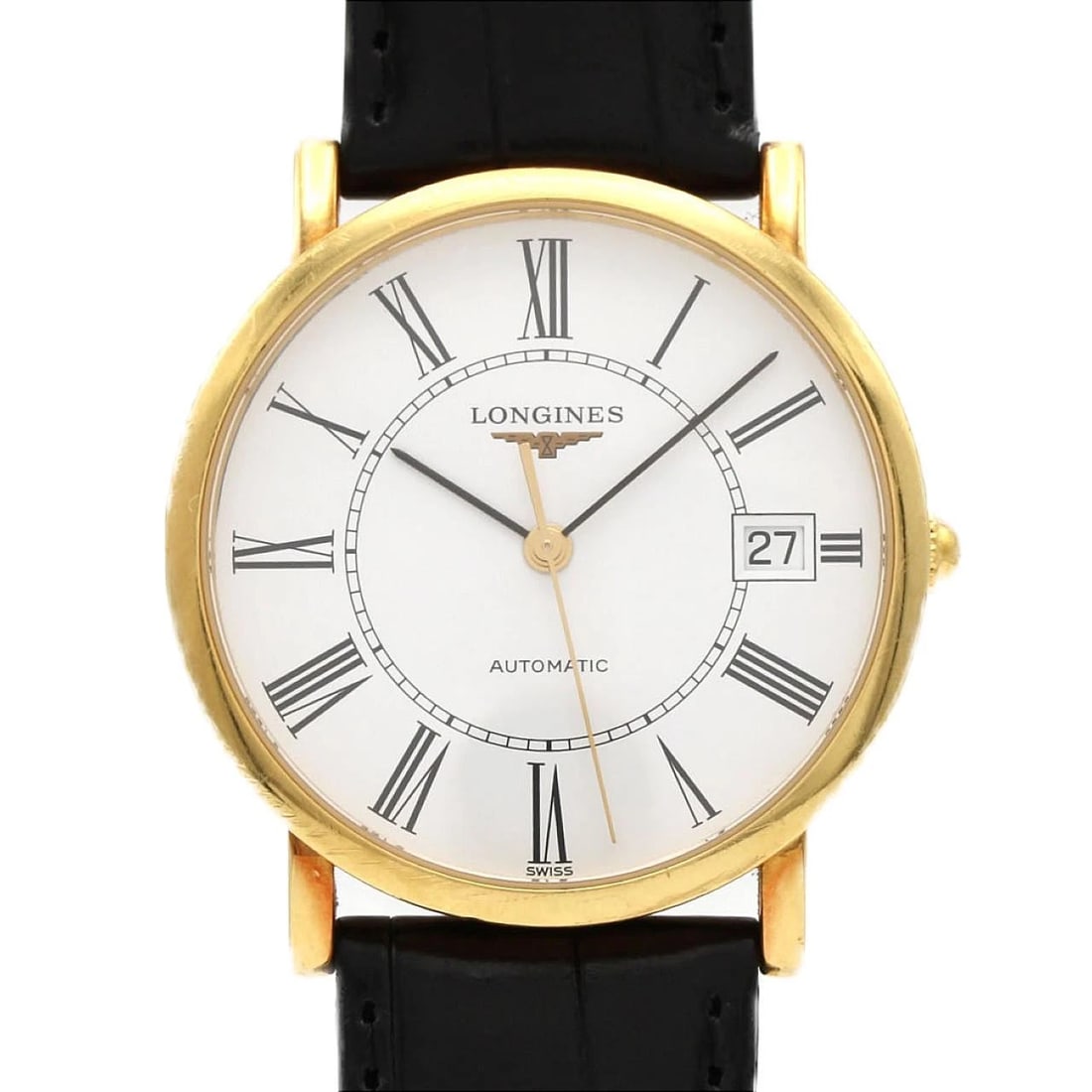 LONGINES ELEGANT YG MECHANICAL WATCH: Longines Elegant YG Mechanical Watch Brand: LONGINES Type/Style: Wrist watch Material: Case: Yellow gold Bracelet: Strap Color: Dial Color: White/Roman Band Color: Black Size: Case diameter: Approx.