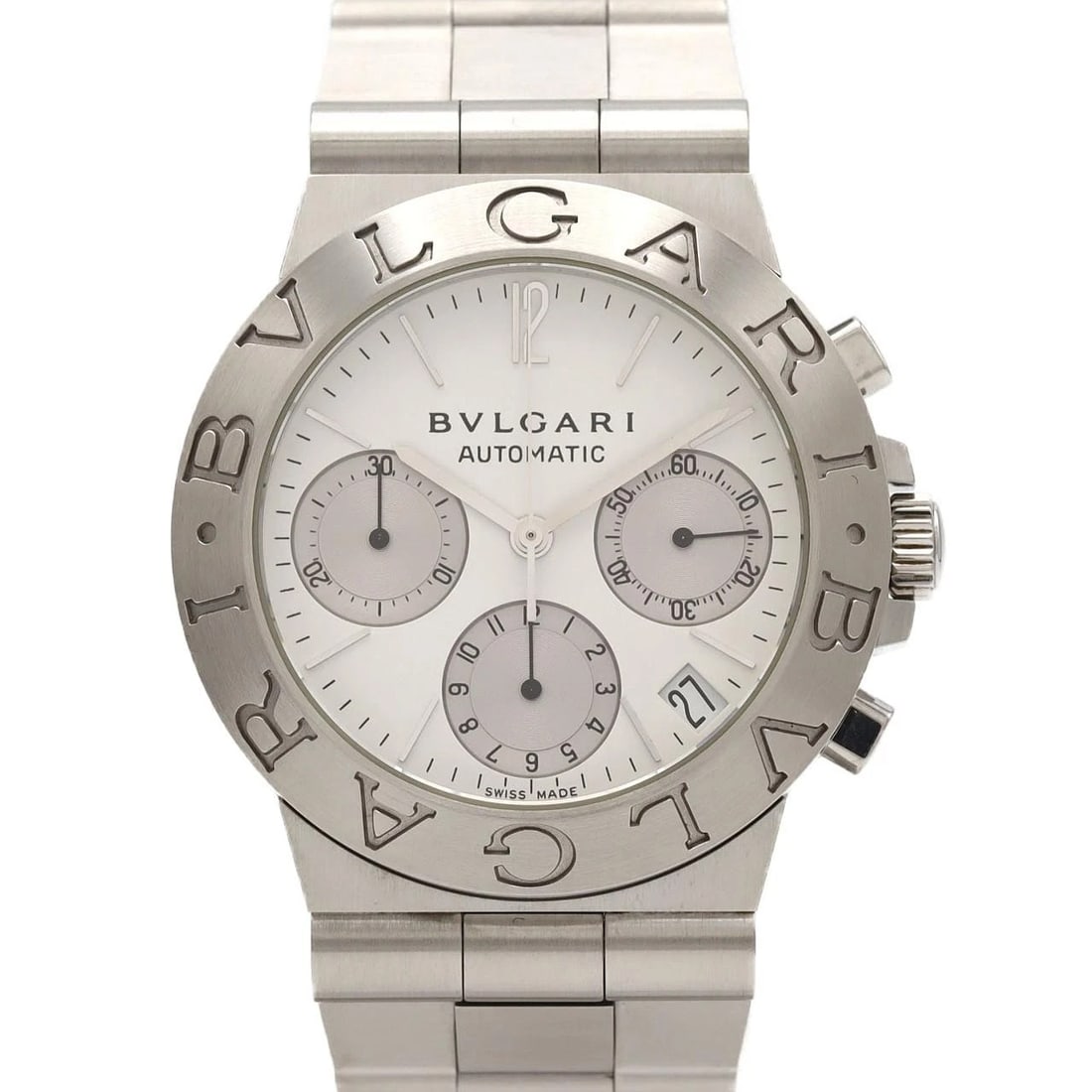 BULGARI SPORT CHRONO STAINLESS STEEL MECHANI WATCH: Bulgari Sport Chrono Stainless Steel Mechani Watch Brand: BVLGARI Type/Style: Wrist watch Material: Case: Stainless Steel Breath: Stainless Steel Color: Dial color: White, Silver Size: Case diameter: