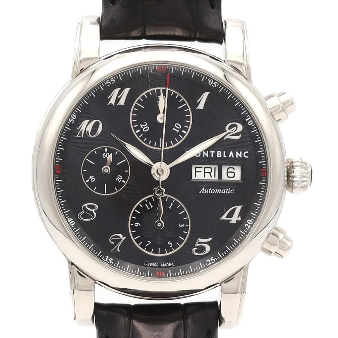 MONTBLANC STAR CHRONOGRAPH WATCH: Montblanc Star Chronograph Watch Brand: MONTBLANC Type/Style: Wrist watch Material: Case: Stainless Steel Bracelet: Strap Color: Dial Color: Black/Arabic Band Color: Black Size: Case diameter: