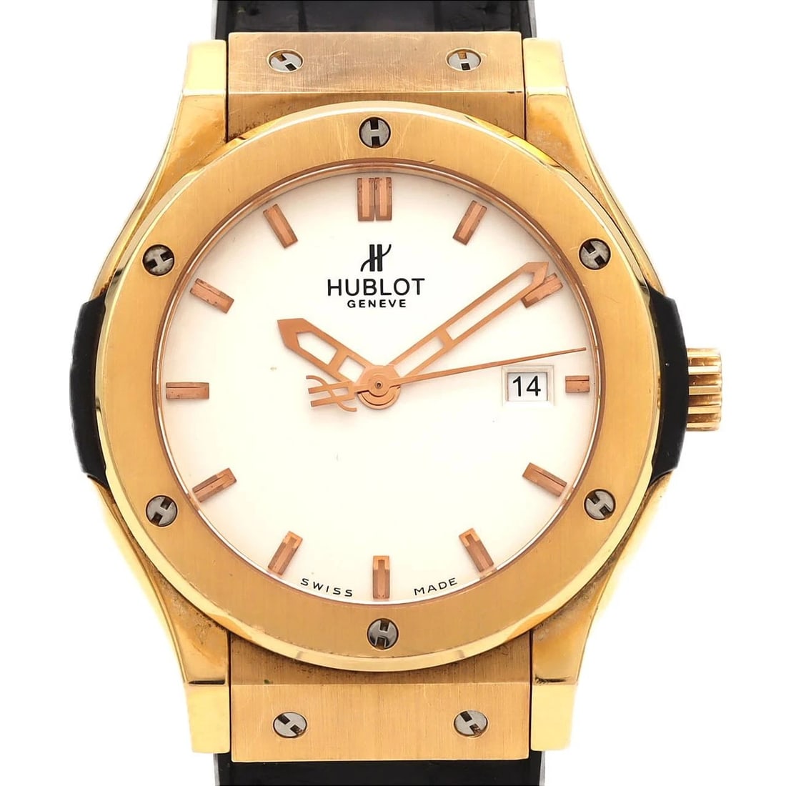 HUBLOT CLASSIC FUSION PG WATCH: Hublot Classic Fusion PG Watch Brand: HUBLOT Type/Style: Wrist watch Material: Case: Pink gold/rose gold Bracelet: Strap Color: Dial Color: Silver Band Color: Black Size: Case diameter: Approx. 42
