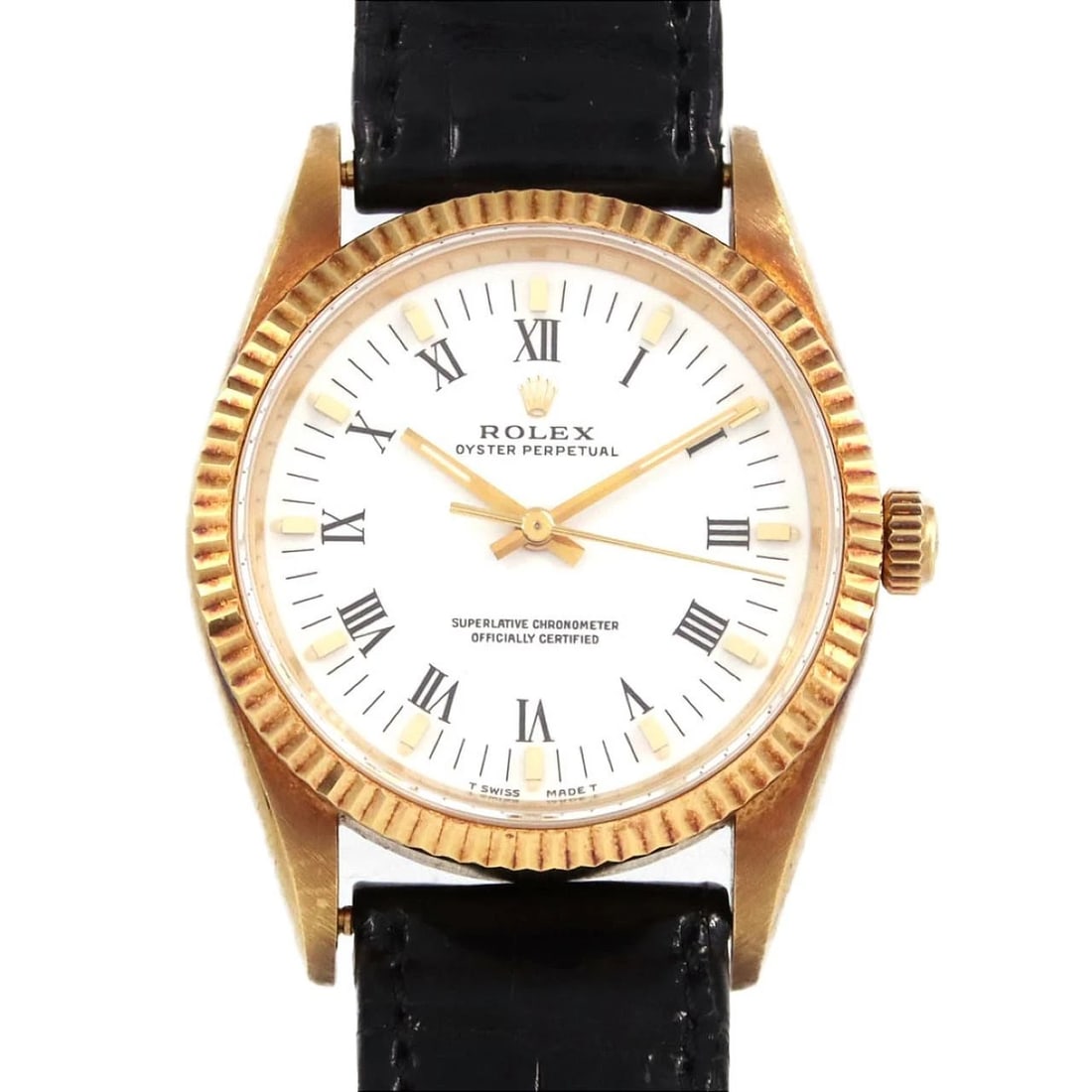 ROLEX OYSTER PERPETUAL YG MECHANI WATCH: Rolex Oyster Perpetual YG Mechani Watch Brand: ROLEx Type/Style: Wrist watch Material: Case: Yellow gold Bracelet: Strap Color: Dial Color: White/Roman Band Color: Black Size: Case diameter: Approx. 3