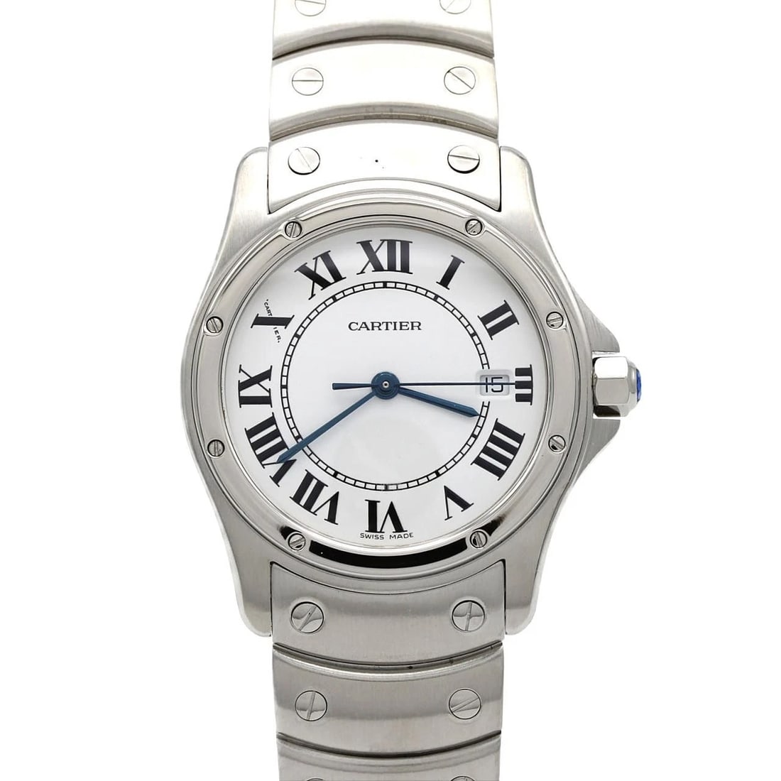 CARTIER SANTOS ROUND MM STAINLESS STEEL QUARTZ WATCH: Cartier Santos Round MM Stainless Steel Quartz Watch Brand: CARTIER Type/Style: Wrist watch Material: Case: Stainless Steel Breath: Stainless Steel Color: Dial color: White/Roman Size: Case diameter