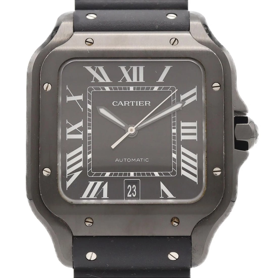 CARTIER SANTOS DE CARTIER LM ADLC WATCH: Cartier Santos de Cartier LM ADLC Watch Brand: CARTIER Type/Style: Wrist watch Material: Case: Stainless Steel Breath: Rubber Color: Dial Color: Black/Roman Band Color: Black Size: Case diameter: