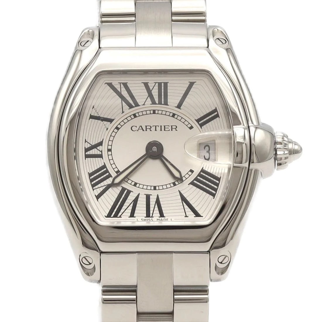 CARTIER ROADSTER SM STAINLESS STEEL QUARTZ WATCH: Cartier Roadster SM Stainless Steel Quartz Watch Brand: CARTIER Type/Style: Wrist watch Material: Case: Stainless Steel Breath: Stainless Steel Color: Dial color: Silver/Roman Size: Case diameter appr